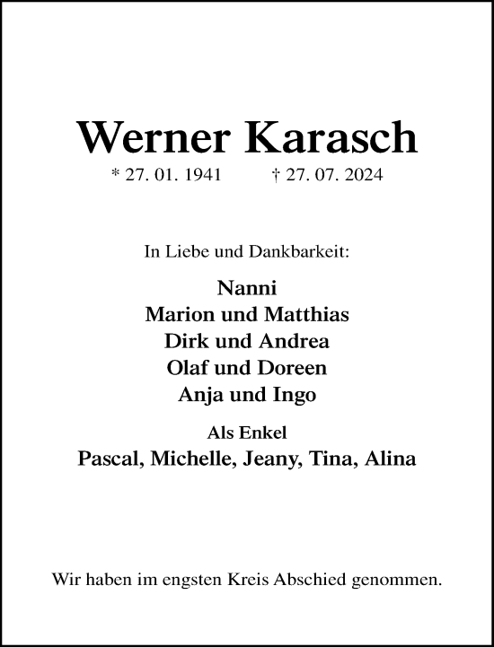 Traueranzeige von Werner Karasch von Neue Westfälische