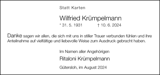 Traueranzeige von Wilfried Krümpelmann von Neue Westfälische