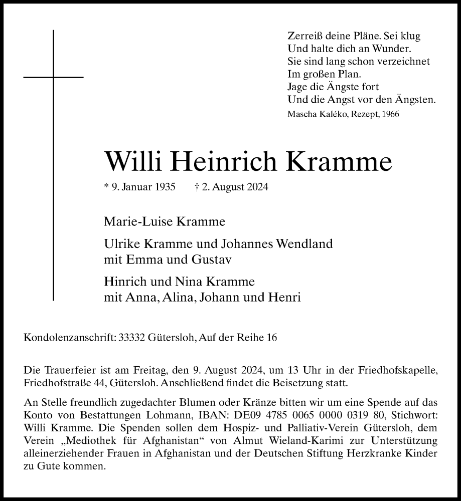  Traueranzeige für Willi Heinrich Kramme vom 06.08.2024 aus Neue Westfälische