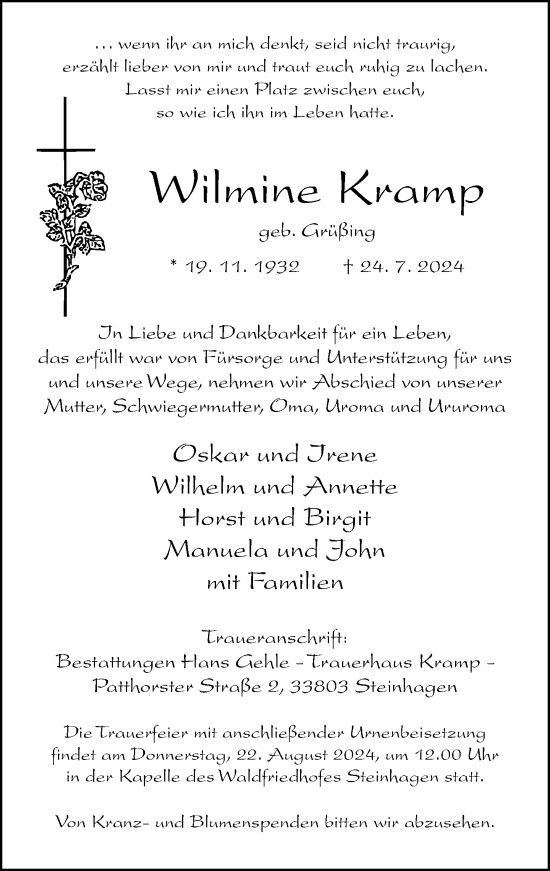 Traueranzeige von Wilmine Kramp von Neue Westfälische