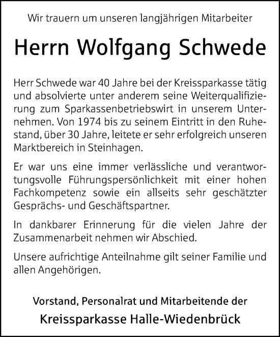 Traueranzeige von Wolfgang Schwede von Neue Westfälische