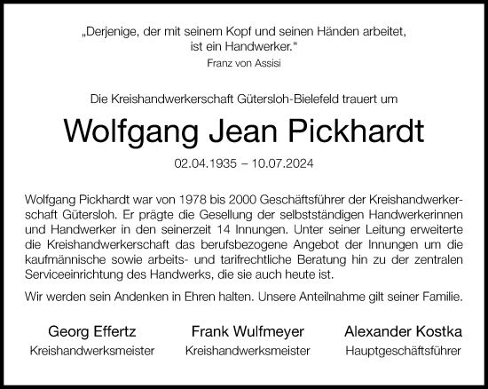 Traueranzeige von Wolfgang Jean Pickhardt von Neue Westfälische