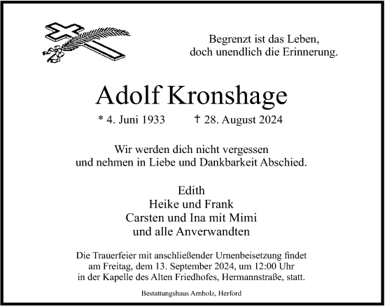 Traueranzeige von Adolf Kronshage von Neue Westfälische