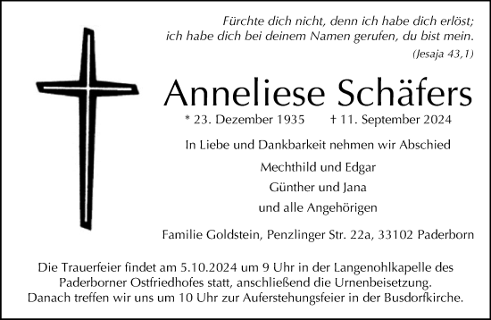 Traueranzeige von Anneliese Schäfers von Neue Westfälische