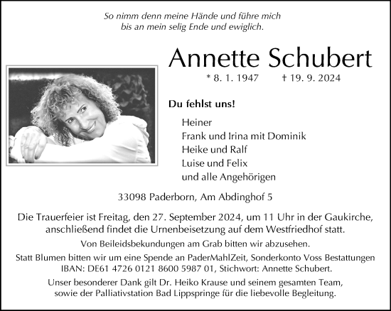 Traueranzeige von Annette Schubert von Neue Westfälische