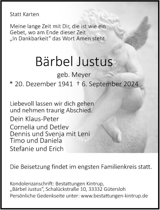 Traueranzeige von Bärbel Justus von Neue Westfälische