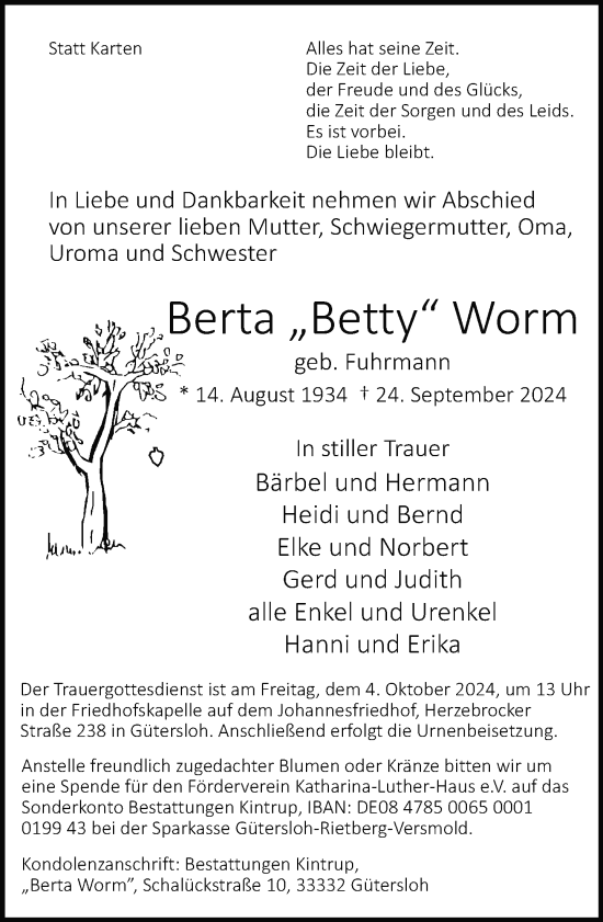 Traueranzeige von Berta Worm von Neue Westfälische