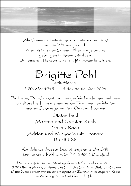 Traueranzeige von Brigitte Pohl von Neue Westfälische