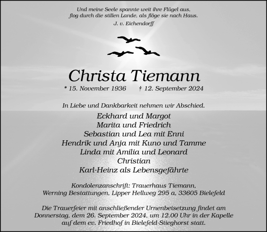 Traueranzeige von Christa Tiemann von Neue Westfälische