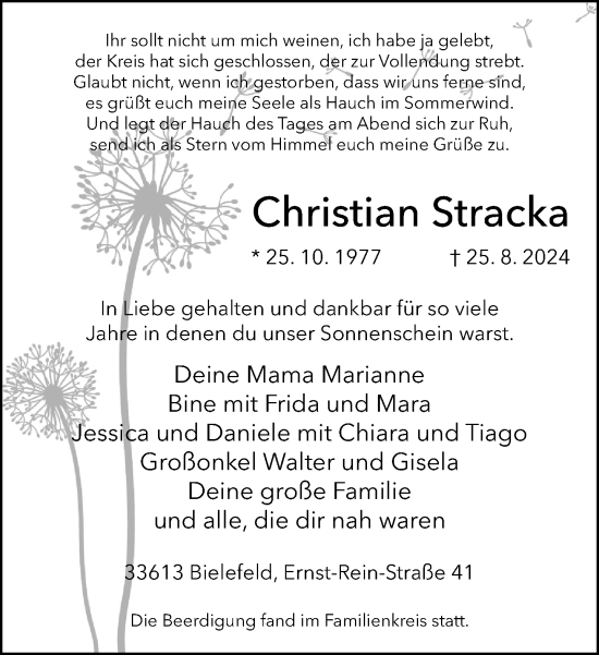 Traueranzeige von Christian Stracka von Neue Westfälische