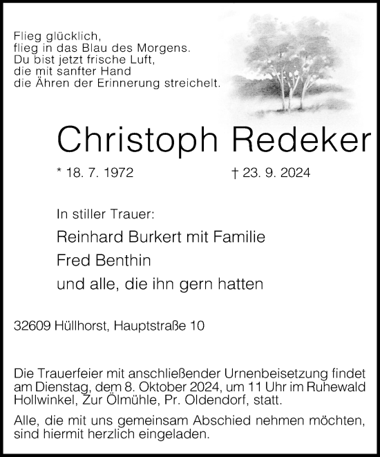 Traueranzeige von Christoph Redeker von Neue Westfälische