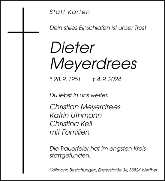 Traueranzeige von Dieter Meyerdrees von Neue Westfälische