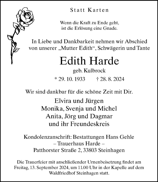 Traueranzeige von Edith Harde von Neue Westfälische