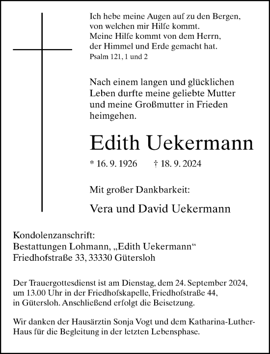 Traueranzeige von Edith Uekermann von Neue Westfälische