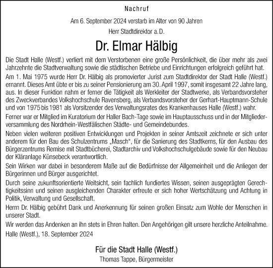 Traueranzeige von Elmar Hälbig von Neue Westfälische