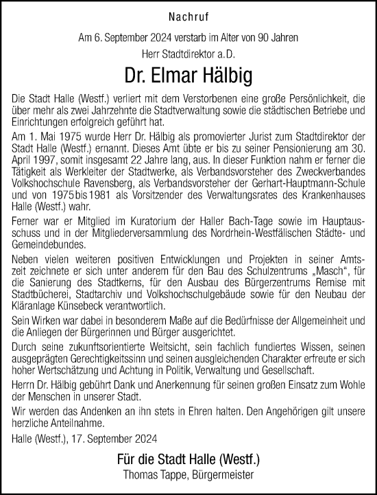 Traueranzeige von Elmar Hälbig von Neue Westfälische