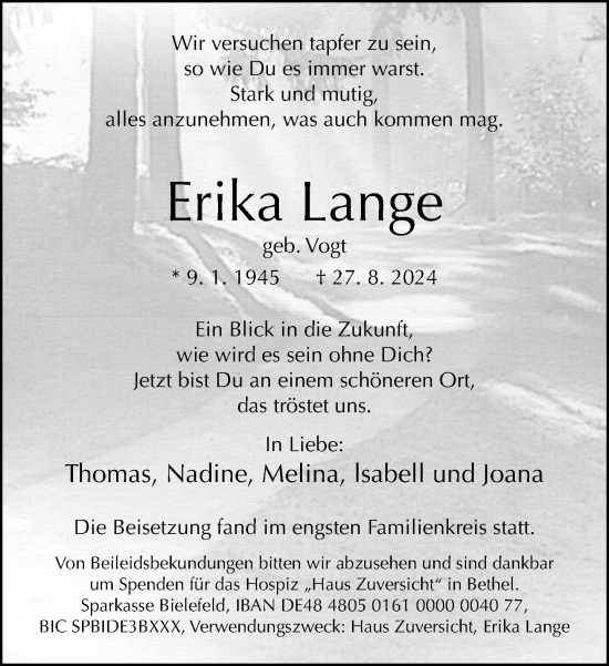 Traueranzeige von Erika Lange von Neue Westfälische