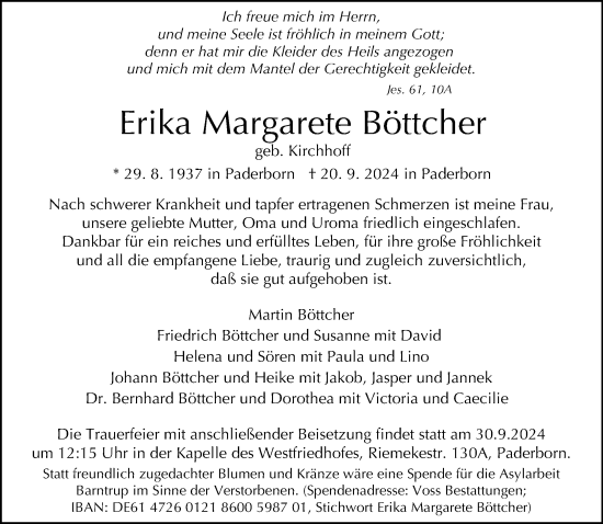 Traueranzeige von Erika Margarete Böttcher von Neue Westfälische