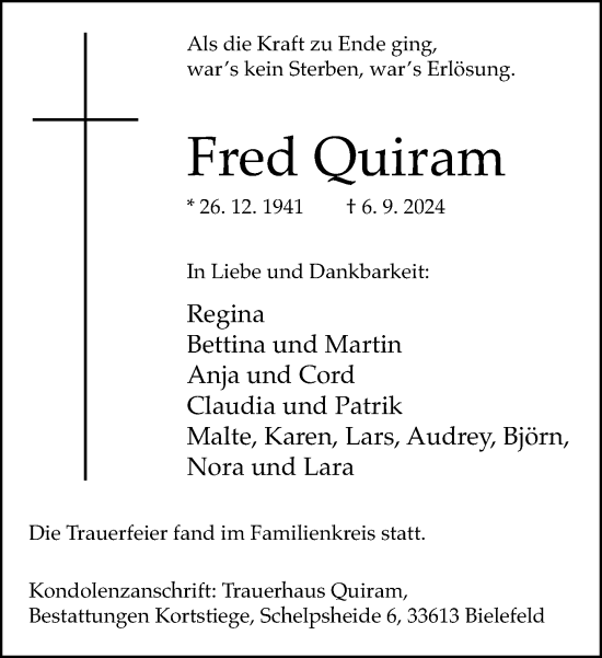 Traueranzeige von Fred Quiram von Neue Westfälische