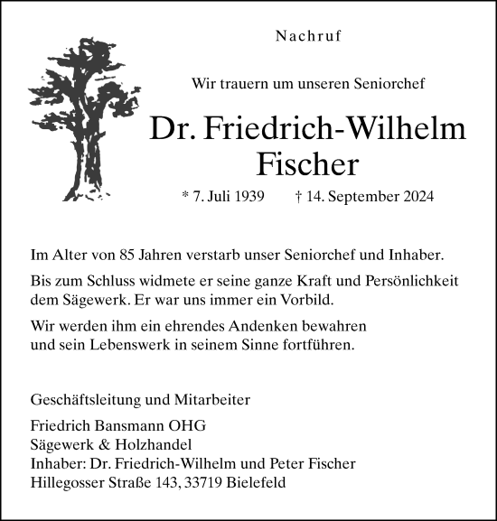 Traueranzeige von Friedrich-Wilhelm Fischer von Neue Westfälische