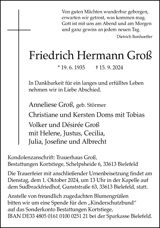 Traueranzeige von Friedrich Hermann Groß von Neue Westfälische