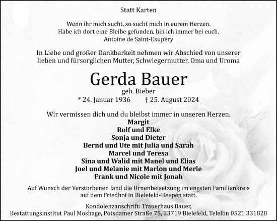 Traueranzeige von Gerda Bauer von Neue Westfälische