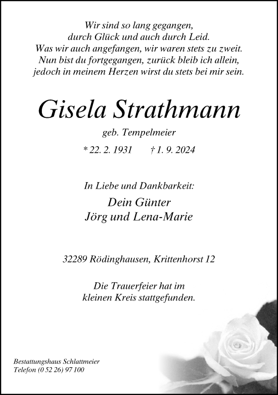 Traueranzeige von Gisela Strathmann von Neue Westfälische