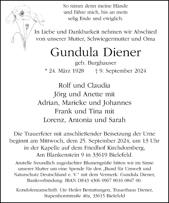 Traueranzeige von Gundula Diener von Neue Westfälische