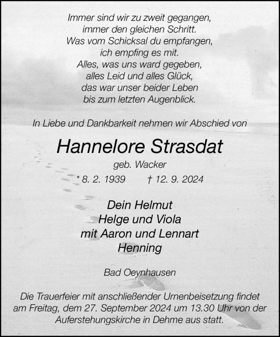 Traueranzeige von Hannelore Strasdat von Neue Westfälische