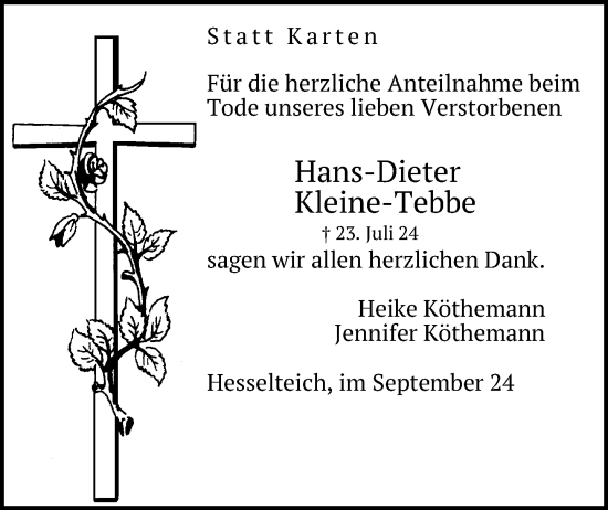 Traueranzeige von Hans-Dieter Kleine-Tebbe von Neue Westfälische