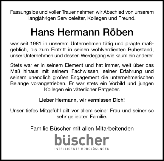 Traueranzeige von Hans Hermann Röben von Neue Westfälische