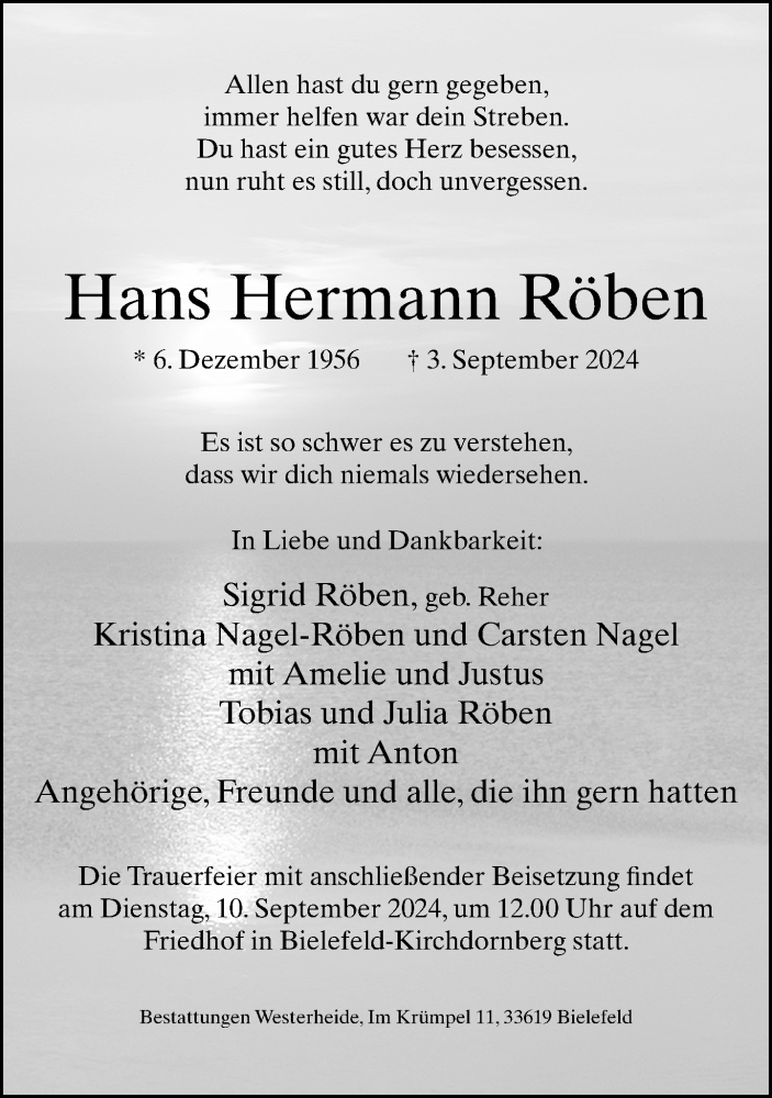  Traueranzeige für Hans Hermann Röben vom 07.09.2024 aus Neue Westfälische