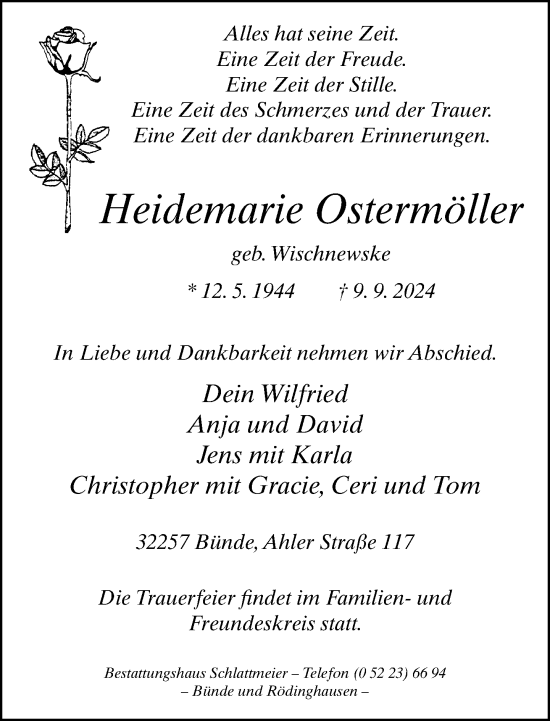 Traueranzeige von Heidemarie Ostermöller von Neue Westfälische