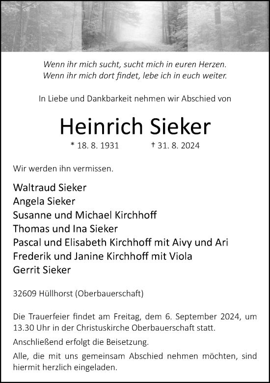 Traueranzeige von Heinrich Sieker von Neue Westfälische