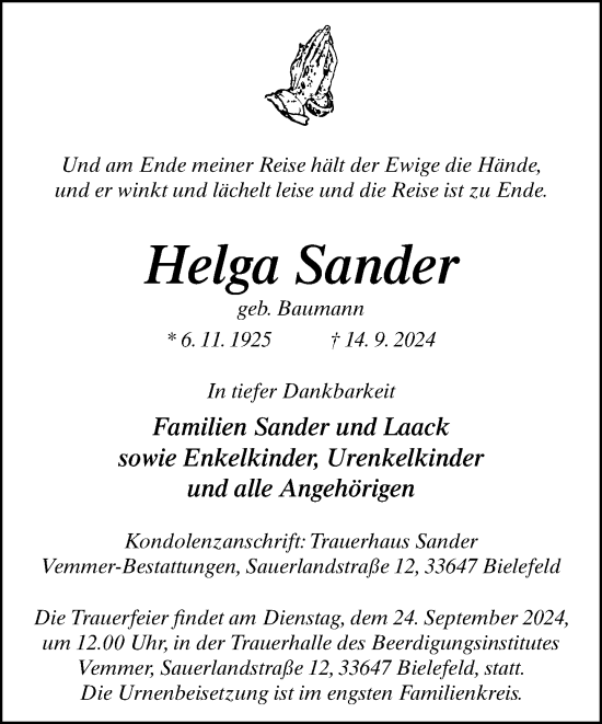 Traueranzeige von Helga Sander von Neue Westfälische