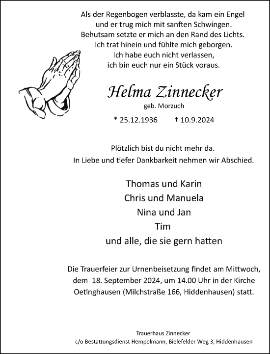 Traueranzeige von Helma Zinnecker von Neue Westfälische