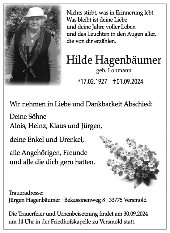 Traueranzeige von Hilde Hagenbäumer von Neue Westfälische