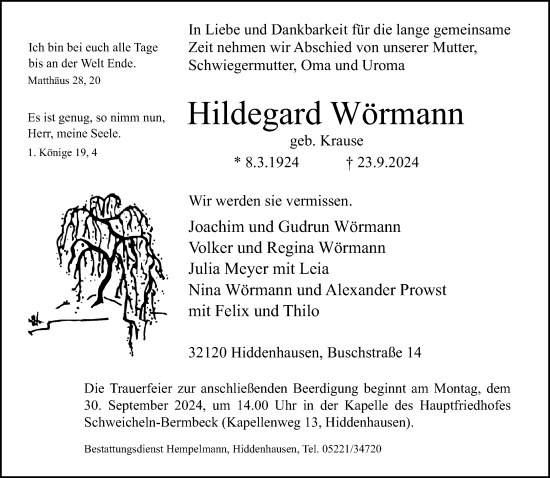 Traueranzeige von Hildegard Wörmann von Neue Westfälische