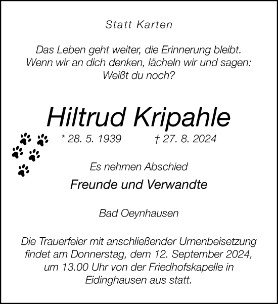 Traueranzeige von Hiltrud Kripahle