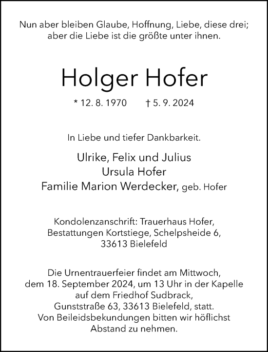 Traueranzeige von Holger Hofer von Neue Westfälische