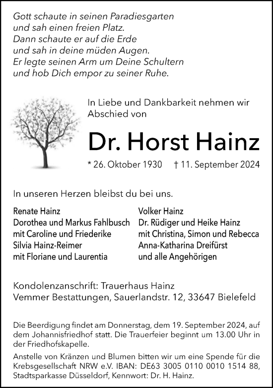 Traueranzeige von Horst Hainz von Neue Westfälische