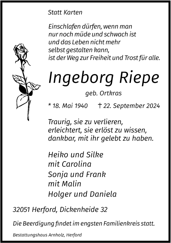 Traueranzeige von Ingeborg Riepe von Neue Westfälische