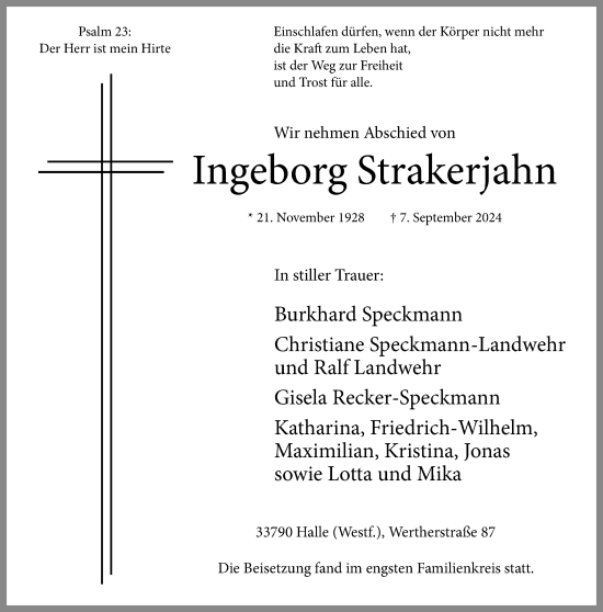 Traueranzeige von Ingeborg Strakerjahn von Neue Westfälische