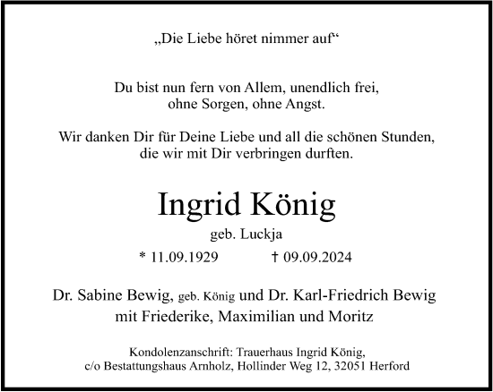 Traueranzeige von Ingrid König von Neue Westfälische