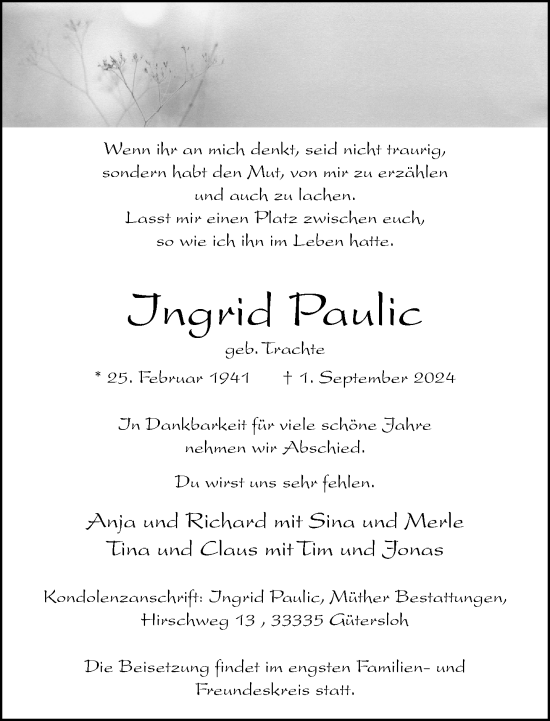 Traueranzeige von Ingrid Paulic von Neue Westfälische