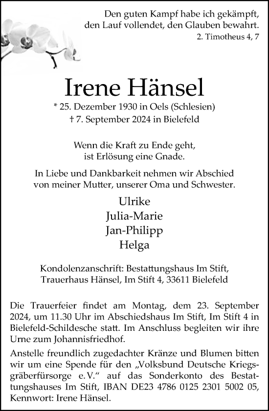 Traueranzeige von Irene Hänsel von Neue Westfälische