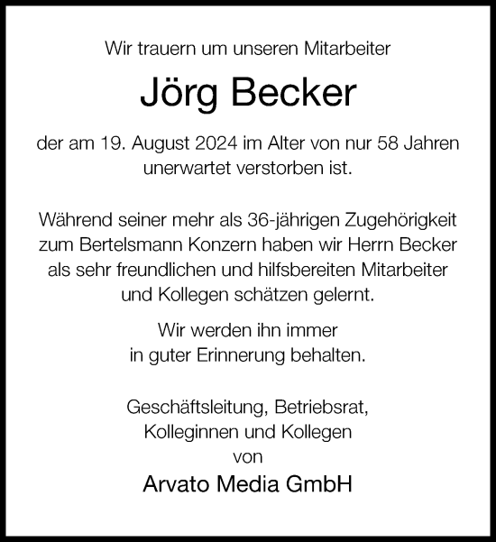 Traueranzeige von Jörg Becker von Neue Westfälische