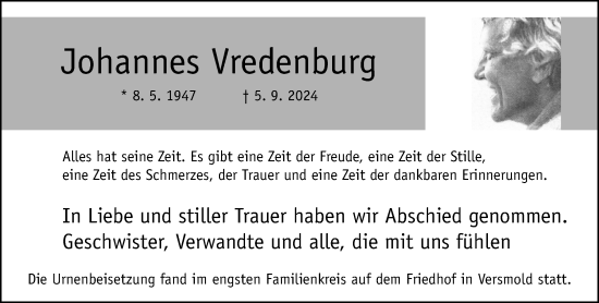 Traueranzeige von Johannes Vredenburg von Neue Westfälische