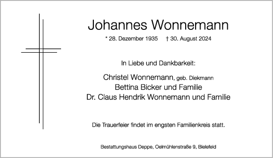 Traueranzeige von Johannes Wonnemann von Neue Westfälische