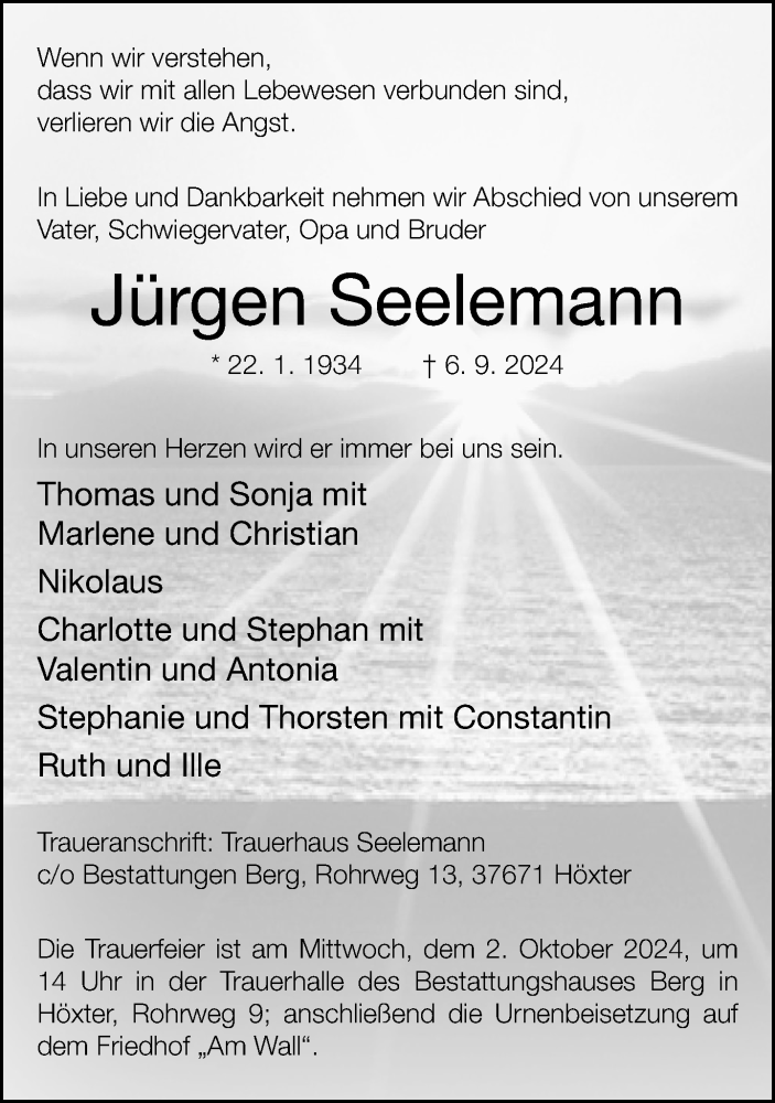  Traueranzeige für Jürgen Seelemann vom 21.09.2024 aus Neue Westfälische